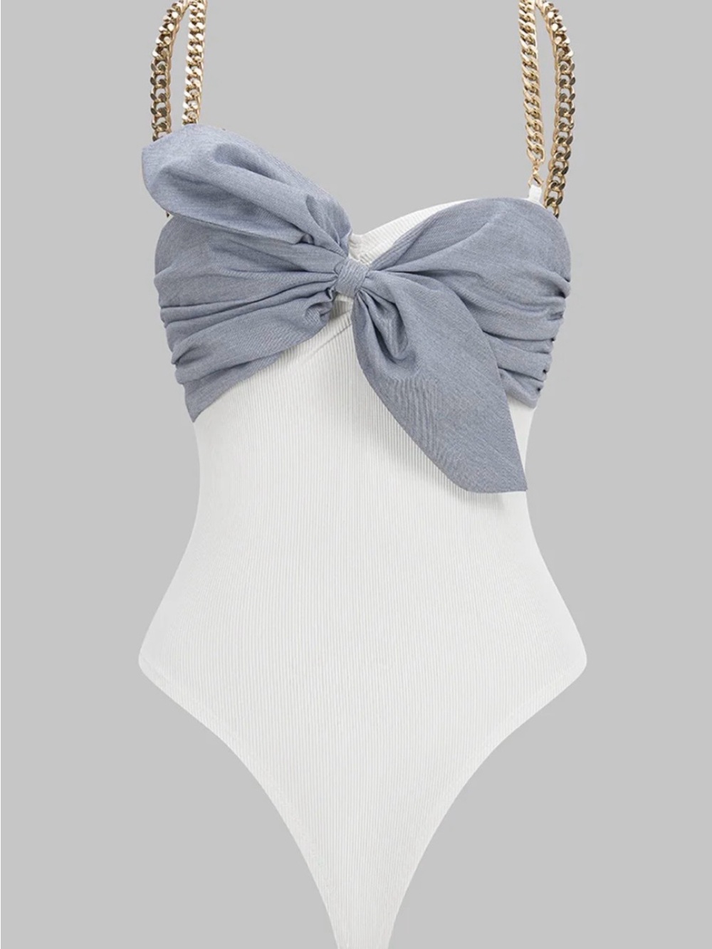 White Ribbed One-Piece Swimsuit with Light Blue Bow and Gold Chain Straps
